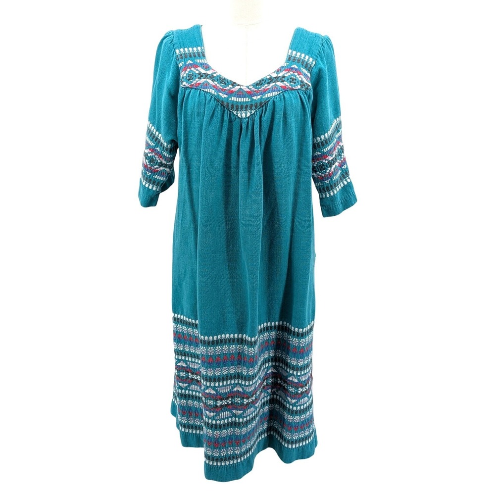 Guatemalan Cotton Gauze Embroidered Midi House Dress Boho Peasant Puff Sleeve L